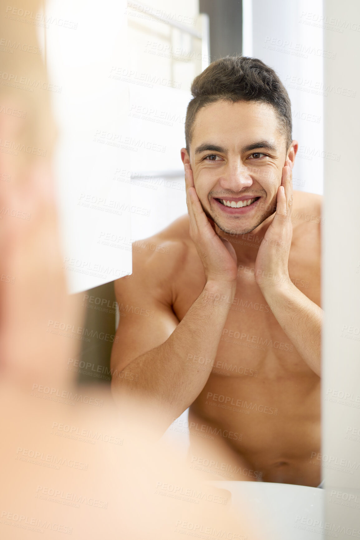 Buy stock photo Man, skincare and mirror in home bathroom for hygiene, cleaning or check face for results in morning. Person, cosmetics and topless in reflection, smile and wellness for natural glow, change or care