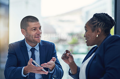 Buy stock photo Businessman, woman and cellphone in office for feedback, review and online for collaboration. Teamwork, technology and communication or report with internet, mobile app and discussion in workplace