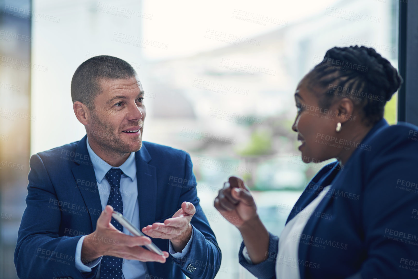 Buy stock photo Businessman, woman and cellphone in office for feedback, review and online for collaboration. Teamwork, technology and communication or report with internet, mobile app and discussion in workplace