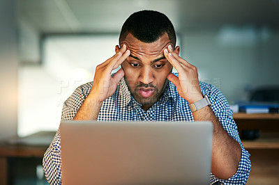 Buy stock photo Headache, laptop and stress with business man in office for administration deadline or problem solving. Anxiety, burnout and frustrated with design employee in creative workplace for 404 error