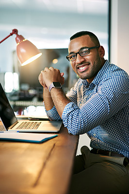 Buy stock photo Portrait, business man and laptop at desk with smile for confidence, online report or proposal in office. Digital creative manager, internet and employee for planning, trends or review campaign