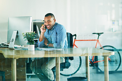 Buy stock photo Computer, green business and phone call with black man in office for communication or conservation of environment. Bicycle, desk and networking as happy employee speaking on mobile for zero emission