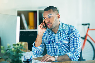 Buy stock photo Phone call, computer and business man at desk for conversation, confirm meeting or negotiation in office. Planning manager, talking and employee for discussion, communication or conduct deal