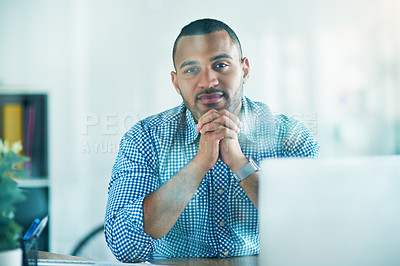 Buy stock photo Businessman, portrait and laptop at desk in office for online research, email and report for company. Male entrepreneur person, internet and connection for feedback, review and survey for information