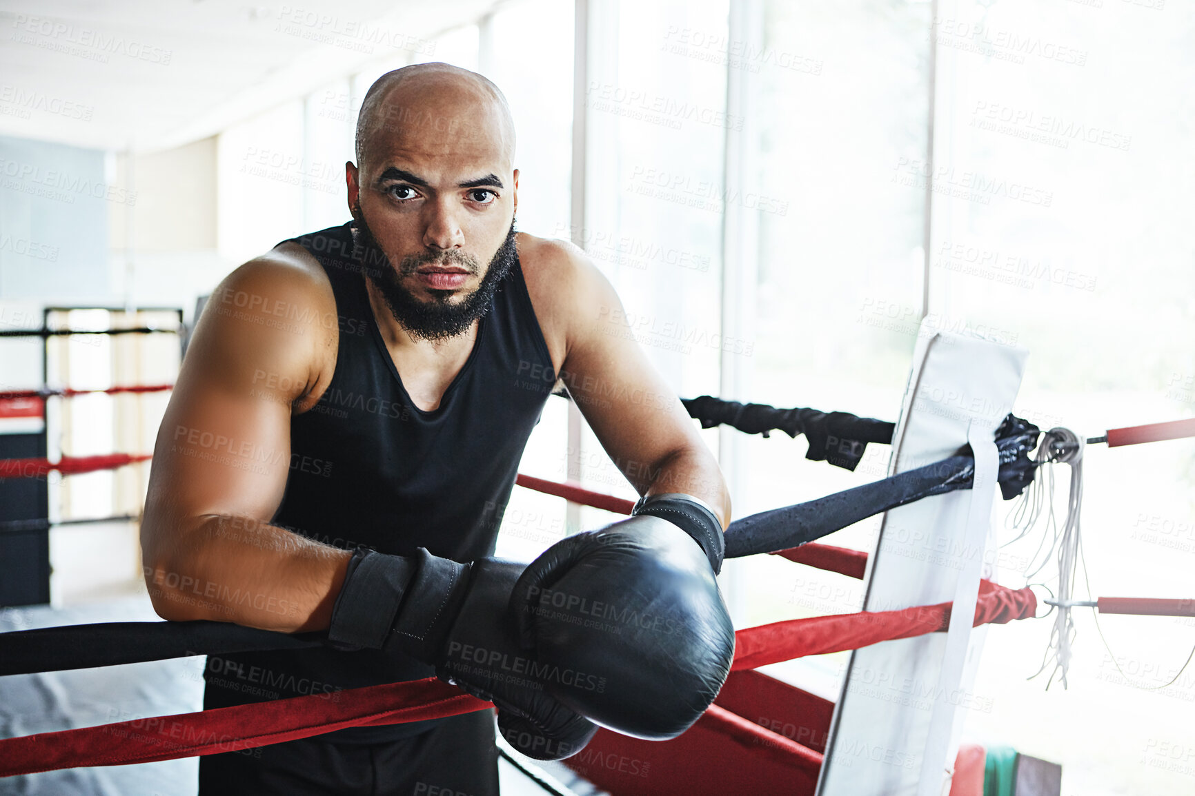 Buy stock photo Man, boxer and portrait for fitness, sports or training workout ready for fight at gym. Strong fighter, boxing club and competitive exercise for ring match, health and wellness with endurance