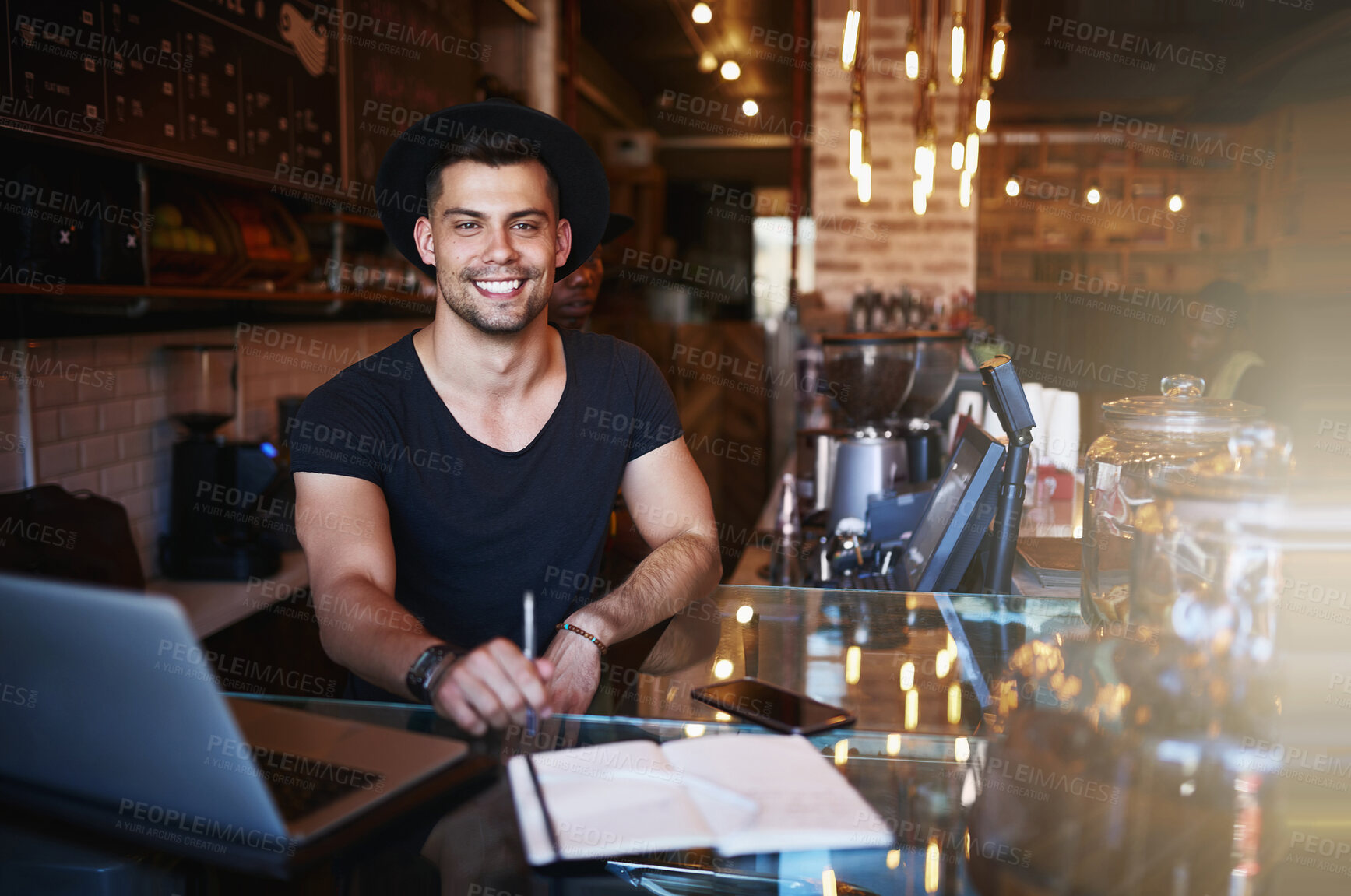 Buy stock photo Laptop, man and coffee shop portrait with copywriter and freelancer working on article or blog. Smile, restaurant and tech with copywriting and morning with remote job at cafe with web and notebook