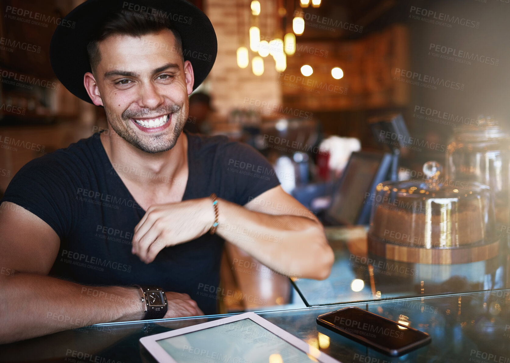 Buy stock photo Portrait, coffee shop and man in cafe with tablet for small business, stock inventory and store website. Restaurant, hospitality and owner by counter on digital tech for orders, online and internet