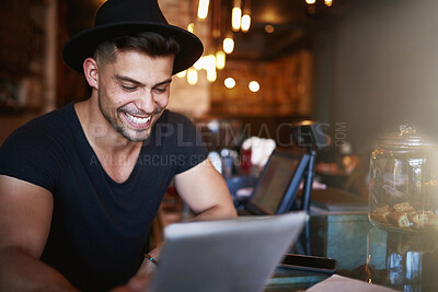 Buy stock photo Happy, coffee shop and man in cafe with laptop for small business, working online and customer service. Restaurant, hospitality and waiter by counter with computer for serving, help and inventory