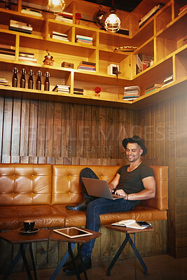 Buy stock photo Remote work, laptop and happy businessman at cafe for online planning or social media scroll on coffee break. Restaurant, computer and freelance fashion designer with web, search or communication