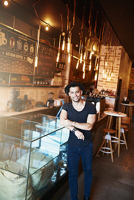 Buy stock photo Counter, coffee shop and portrait of man in cafe ready for serving caffeine, drinks and beverage for small business. Restaurant, hospitality and confident person for barista service, help or welcome