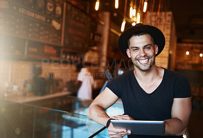 Buy stock photo Tablet, remote work and man portrait coffee shop with writer and freelancer working on article or blog. Smile, restaurant and tech copywriting in the morning with digital job at cafe with internet