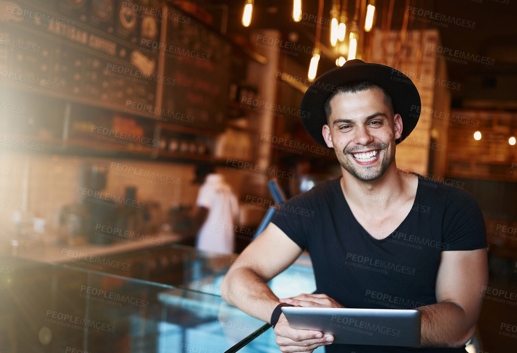 Buy stock photo Tablet, remote work and man portrait coffee shop with writer and freelancer working on article or blog. Smile, restaurant and tech copywriting in the morning with digital job at cafe with internet