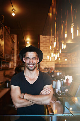 Buy stock photo Smile, portrait and businessman with arms crossed at cafe for friendly, welcome or customer service pride. Happy, face and restaurant manager in hotel kitchen for barista sales, trust or management