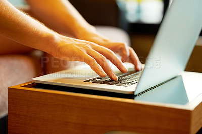 Buy stock photo Closeup, hands and person with laptop for typing email, communication and online search. Keyboard, journalist and computer for editing story, copywriting and notification for virtual conversation