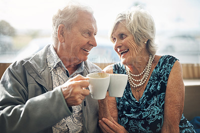 Buy stock photo Coffee, cheers and senior couple on date, laughing and conversation of past, love and retirement. Commitment, woman and man with cup, happy and talking of marriage, together and break in weekend

