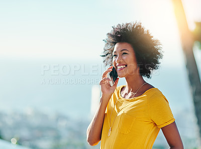 Buy stock photo Happy woman, phone call and talking in nature for chat, communication and funny story in Brazil. Gen z girl, smile and outside on smartphone for conversation, networking and contact or gossip