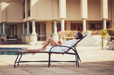 Buy stock photo Spa, woman and beauty for health, body care and happiness in zen, peace and healing for luxury. Female person, outdoor and detox for wellness with smile, calm and relaxation on vacation in Bali
