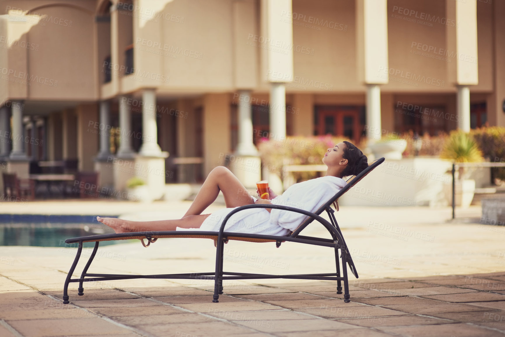 Buy stock photo Spa, woman and beauty for health, body care and happiness in zen, peace and healing for luxury. Female person, outdoor and detox for wellness with smile, calm and relaxation on vacation in Bali
