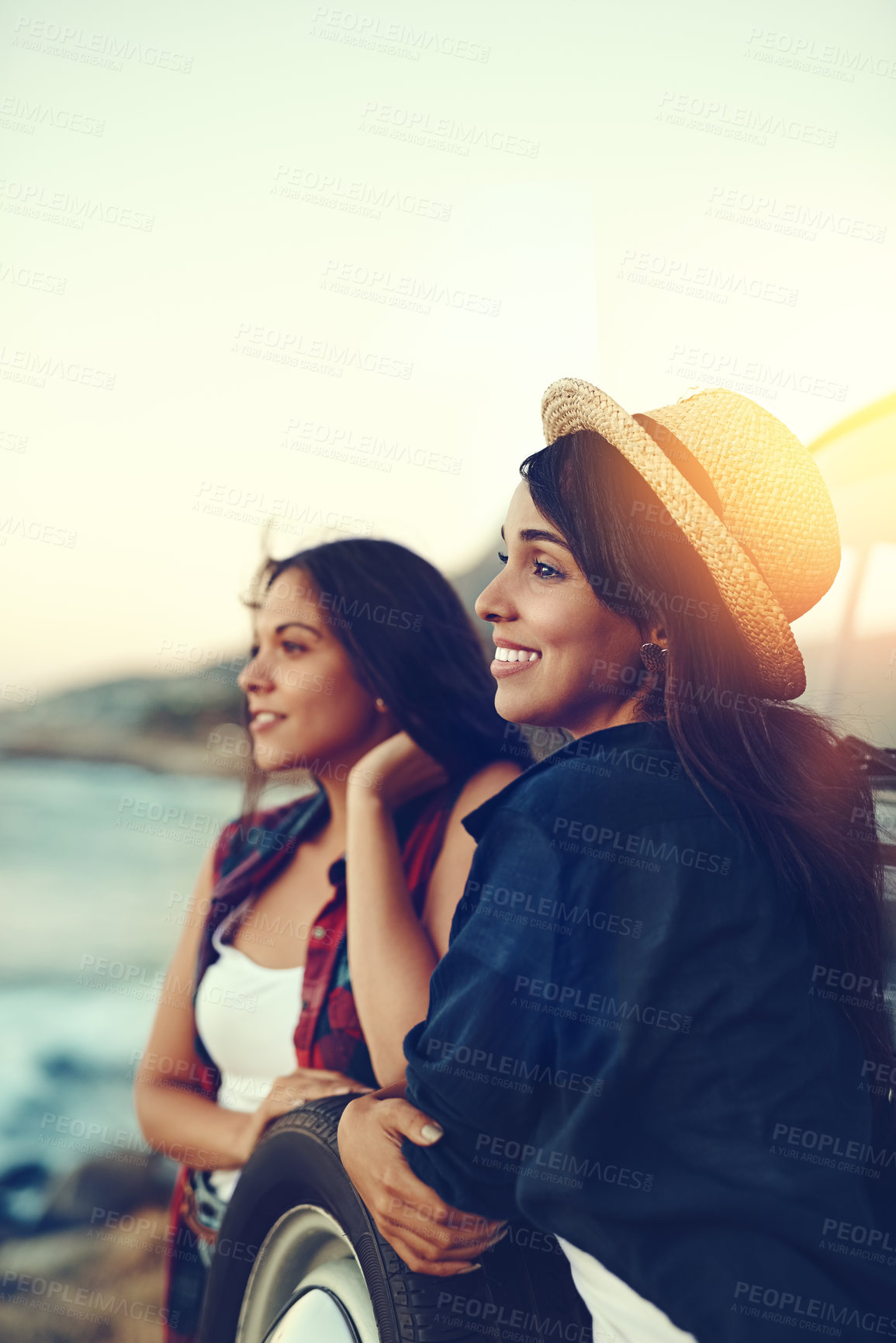 Buy stock photo Road trip, friends and women at beach for holiday, summer vacation and bonding on weekend. Travel, nature and happy people with ocean view smile for adventure, thinking and relax together by seaside