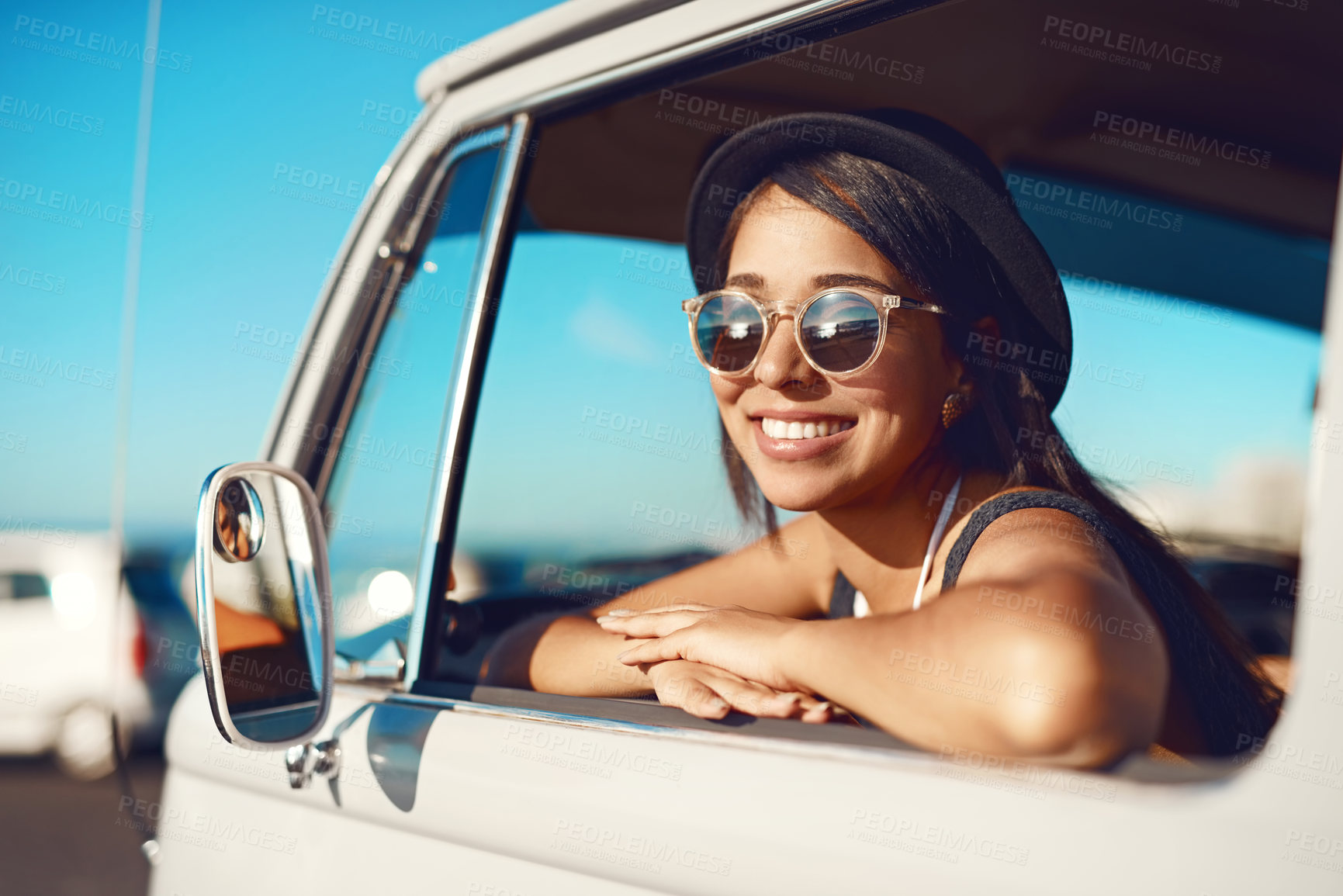 Buy stock photo Woman, van and road trip or window rest, friends and fun adventure for summer vacation together in transport. Travel, happy and smile for journey on weekend break, driving and relax in vehicle