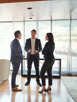 Buy stock photo Teamwork, investor or business people for meeting, conversation or discussion for funding ideas. Group, talking or financial manager planning for growth, feedback report or project review in office