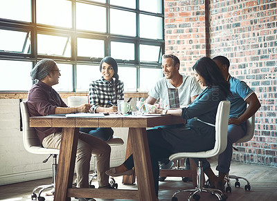 Buy stock photo Business people, discussion and meeting with team for collaboration, planning or brainstorming at office. Group of creative employees discussing project, ideas or strategy for startup at workplace