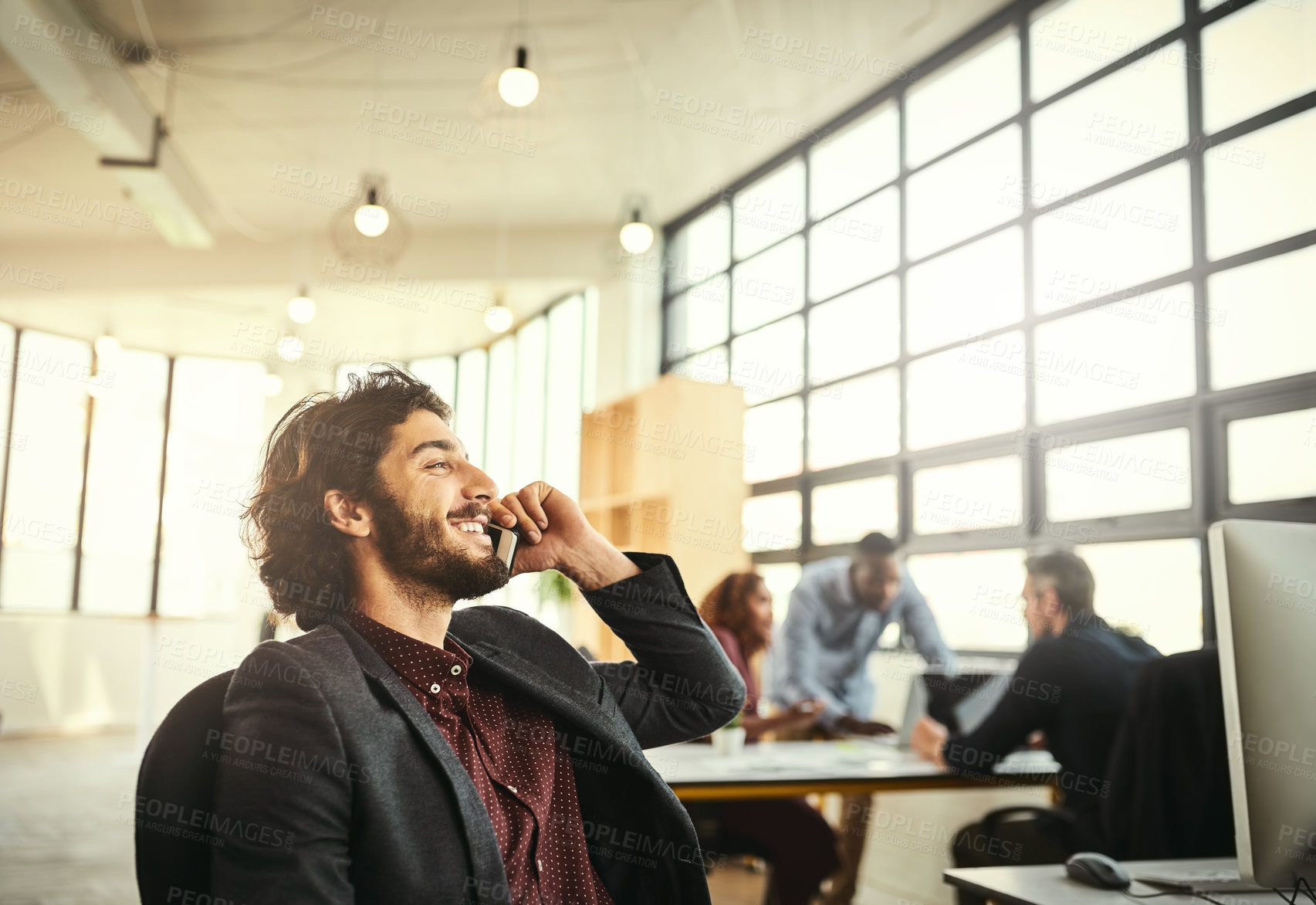 Buy stock photo Businessman, phone call and smile with talking in office for b2b negotiation, client networking or consulting. Employee, consultation chat and professional advice or advisory in workplace with mockup