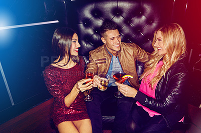 Buy stock photo Happy people, toast and friends in nightclub with cocktails, drinks or champagne for vip event, memory or reunion. Group, man or excited women in dark disco party couch for alcohol or celebration