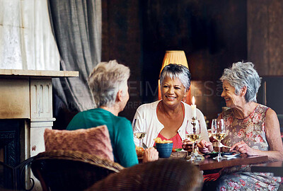 Buy stock photo Lunch, wine and smile with elderly friends in restaurant for bonding, laugh and relax. Retirement, hospitality and happiness with group of senior people with drink for social, memory and support