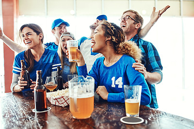 Buy stock photo Group, sports fans and beer for celebration, happiness and winning with social gathering, bonding together and cheerful. Friends, people and alcohol with smile, energy and party with victory or smile