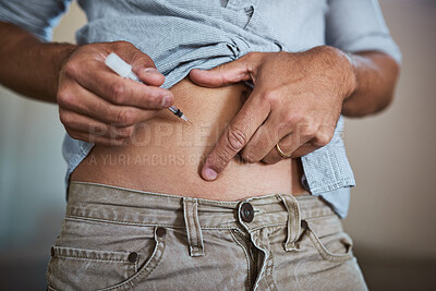 Buy stock photo Man, health and needle in stomach for diabetes with medicine, treatment and pharmaceutical drugs in home. Male person, healthcare and injection with insulin for abdomen, wellness and medical vaccine