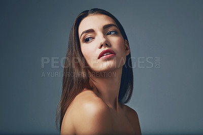 Buy stock photo Beauty, confidence and woman thinking of skincare in studio on dark background with smooth and natural glow. Ideas, model or proud girl with cosmetics, shine and transformation  results for wellness