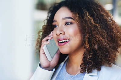 Buy stock photo Business woman, phone call and mock up in office with investment, loan or approval for company as accountant. Female person, mobile and happiness for profits, corporate or financial agency or banking