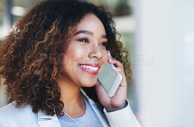 Buy stock photo Business woman, phone call and smile in office with thinking, planning or vision for company as accountant. Female person, mobile and mock up space for fintech, corporate or financial agency or bank