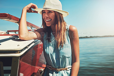 Buy stock photo Relax, thinking or happy woman on yacht at sea for travel, vacation or holiday on summer adventure. Outdoor, tourist and person with smile or inspiration on boat in ocean for weekend trip in Greece