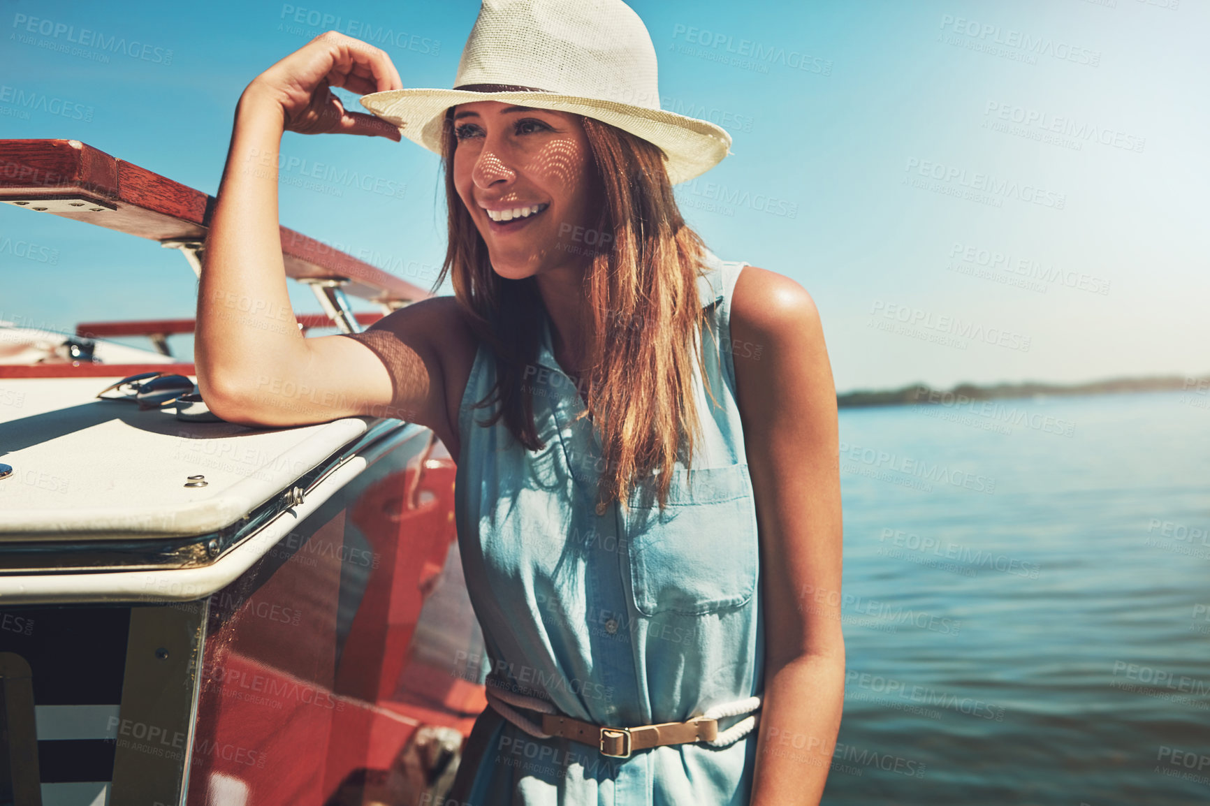 Buy stock photo Relax, thinking or happy woman on yacht at sea for travel, vacation or holiday on summer adventure. Outdoor, tourist and person with smile or inspiration on boat in ocean for weekend trip in Greece