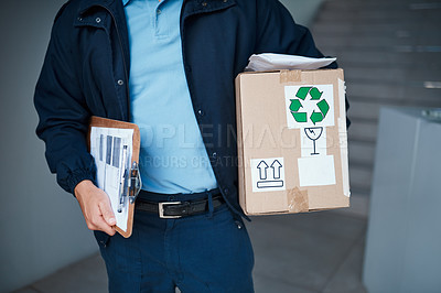 Buy stock photo Courier, hands and paperwork with box, clipboard and ecommerce with package or cargo. Businessman, delivery man and shipping with logistics, parcel and supply chain for online retail and freight