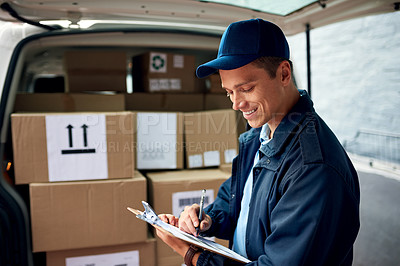 Buy stock photo Logistic, inspection and delivery man with clipboard by car, checklist and distribution of orders. Outdoor, male employee and supply chain with document, boxes or shipping service for courier company