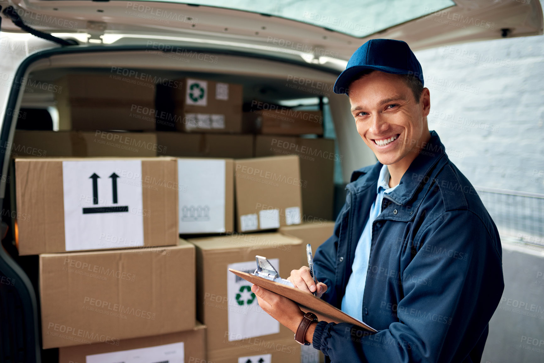 Buy stock photo Logistics, portrait and delivery man with clipboard by car, checklist and distribution of orders. Outdoor, male employee and supply chain with document, boxes and shipping service for courier company