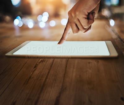 Buy stock photo Person, hand or tablet with screen in office for business, mockup space for news on digital platform. Female employee, workplace or tech for internet notification, online network with bokeh night