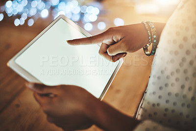 Buy stock photo Person, finger or tablet with screen for business in office, mockup space for news on digital platform. Female influencer, workplace or tech for internet notification, online network with bokeh night