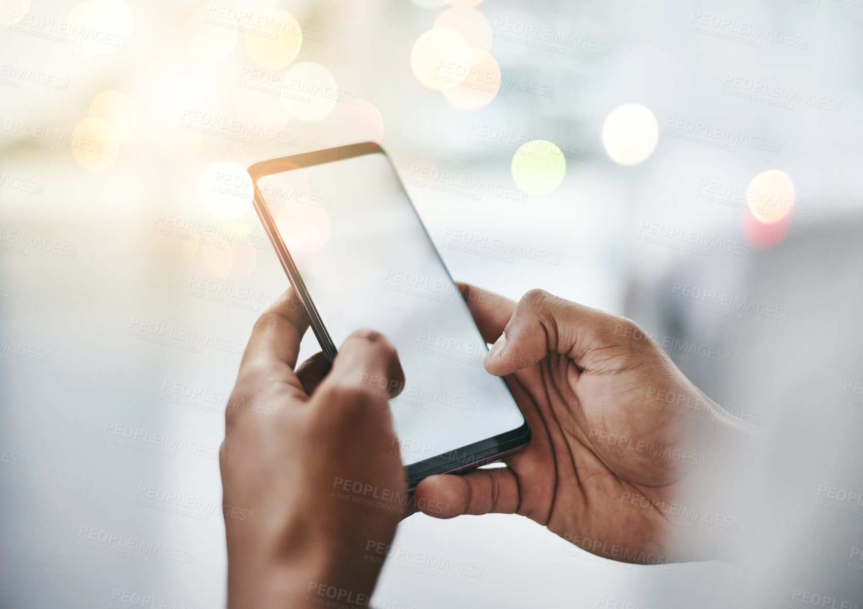 Buy stock photo Hands, typing and person with phone screen in office for email, contact or text on internet connection. Scroll, smartphone and consultant on mobile app for online chat, networking or post with bokeh