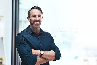 Buy stock photo Portrait of a mature businessman standing in his office