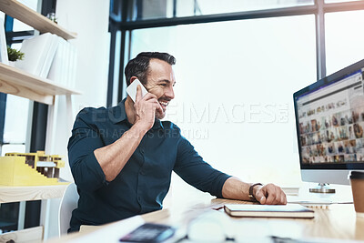 Buy stock photo Business man, phone call and conversation by desk for communication, UX designer or negotiation deal. Talking, computer and employee in office for networking, client b2b or explaining project details