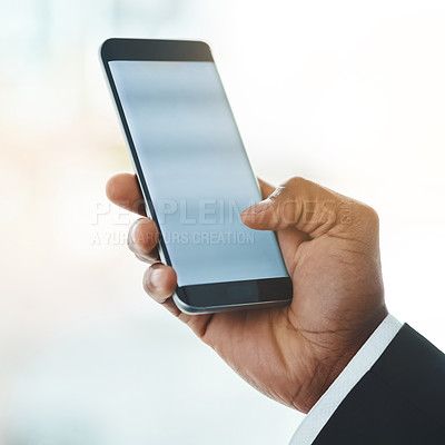 Buy stock photo Business person, hands and scrolling with phone screen for communication, research or news at office. Closeup of employee texting, browsing or mockup on mobile smartphone display for app or website