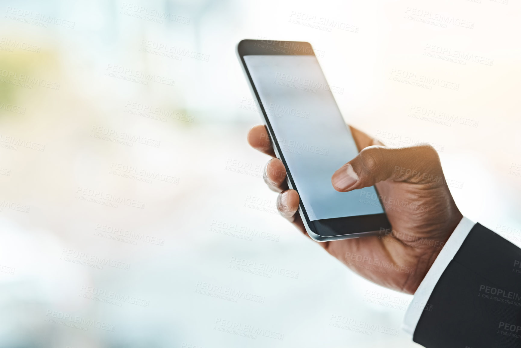 Buy stock photo Business person, hands and phone with screen for communication, online trading or news at office. Closeup of employee typing on mobile smartphone, display or app for social media with mockup space