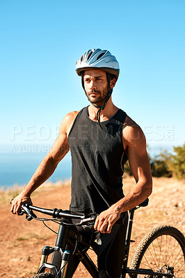 Buy stock photo Outdoor, idea and man with mountain bike for fitness, adventure and prepare for competition. Nature, male cyclist and thinking with bicycle for workout, exercise and training for marathon challenge