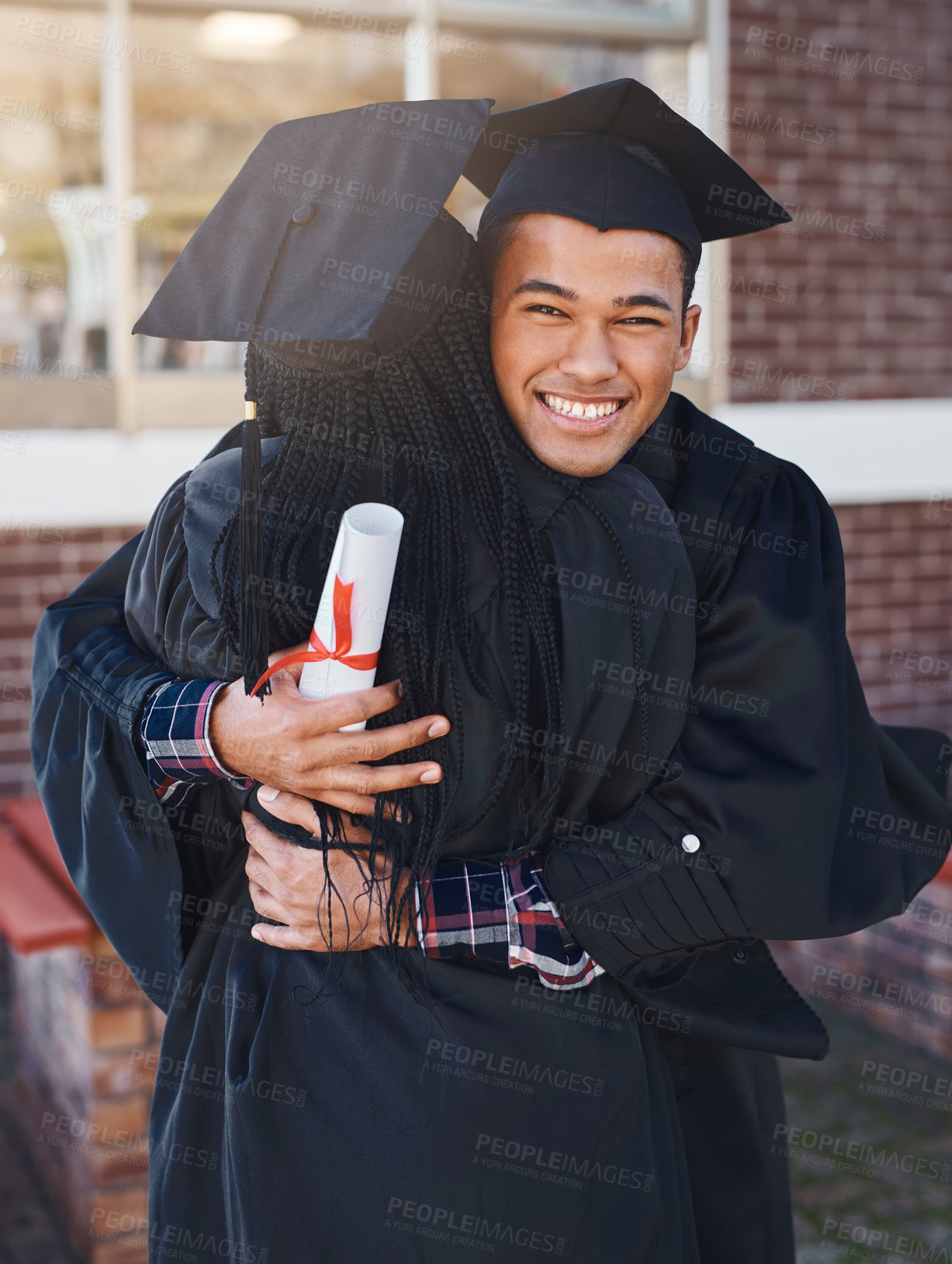 Buy stock photo Graduation, hug and students smile with certificate from college for success, celebration and support in education. Diploma, happy and people embrace after achievement at graduate event at university