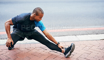 Buy stock photo Black man, street and stretching with cardio to exercise for fitness, training and workout in Atlanta. Outdoor, warm up and active with sportswear for health, wellness and wellbeing with self care