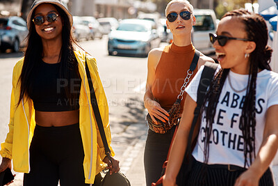 Buy stock photo Happy woman, friends and walking with laugh in city for funny joke, meme or outdoor shopping together. Female person or group with smile for stroll, travel or commute with fashion or style in town